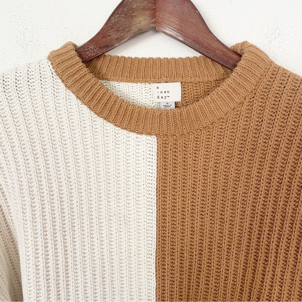 A New Day Crop Tan Cream Grey Black Color Block Pullover Women’s Sweater Small - Picture 4 of 7